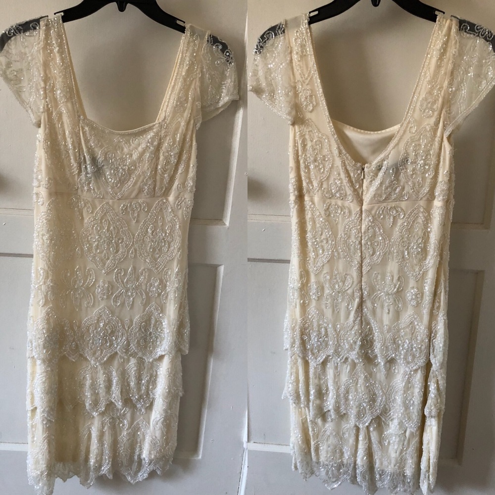 Champagne beaded Pisarro Nights shift dress